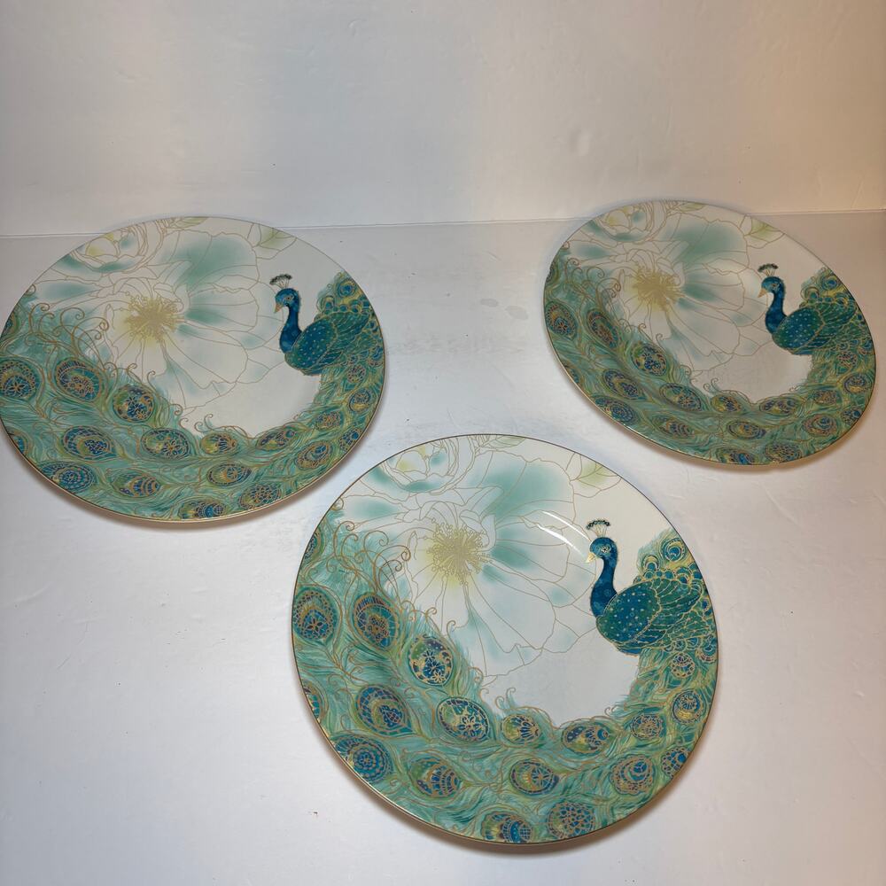 222 Fifth Lakshmi Peacock Set Of 3 Ceramic 8.5 inch Salad Dessert Dinner Plates
